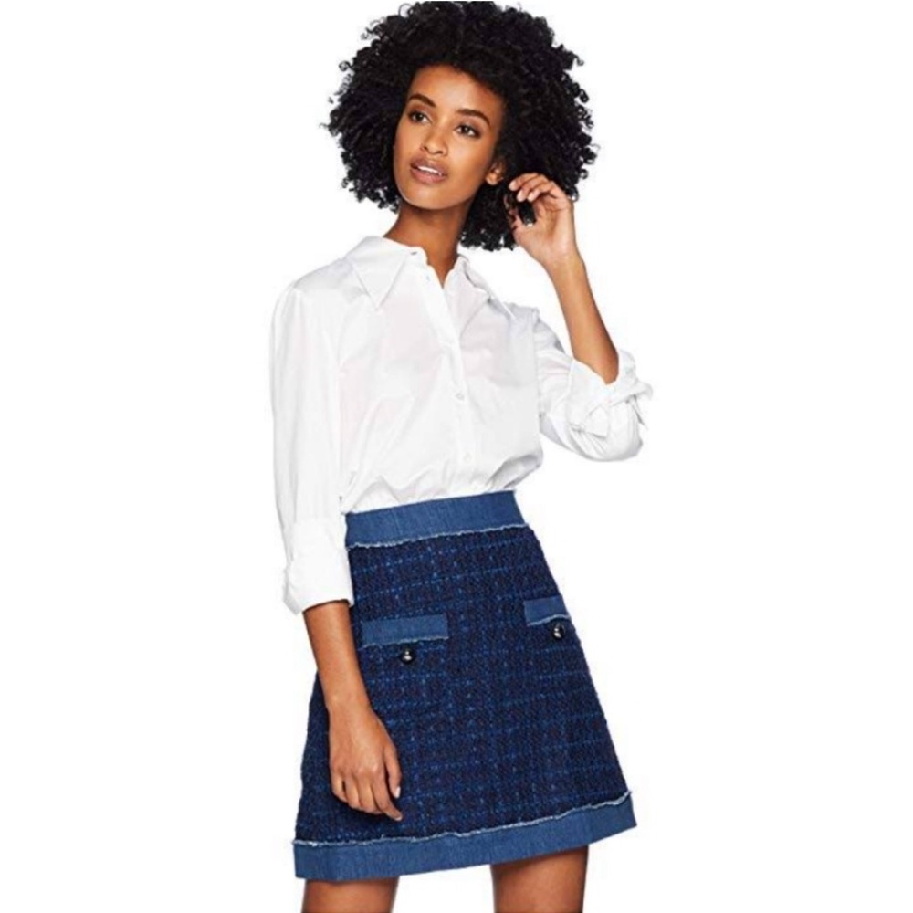 Kate Spade New York Denim Trim Tweed Skirt Patch Pocket Short Raw Edge Lux Med 8